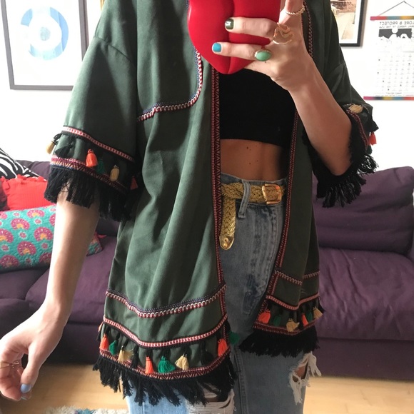 cherry paris | olive suedette fringe kimono - Picture 2 of 5